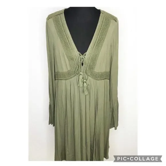 Torrid army olive green slit sleeve tassel boho peasant dress size 0 or Large - Picture 3 of 16